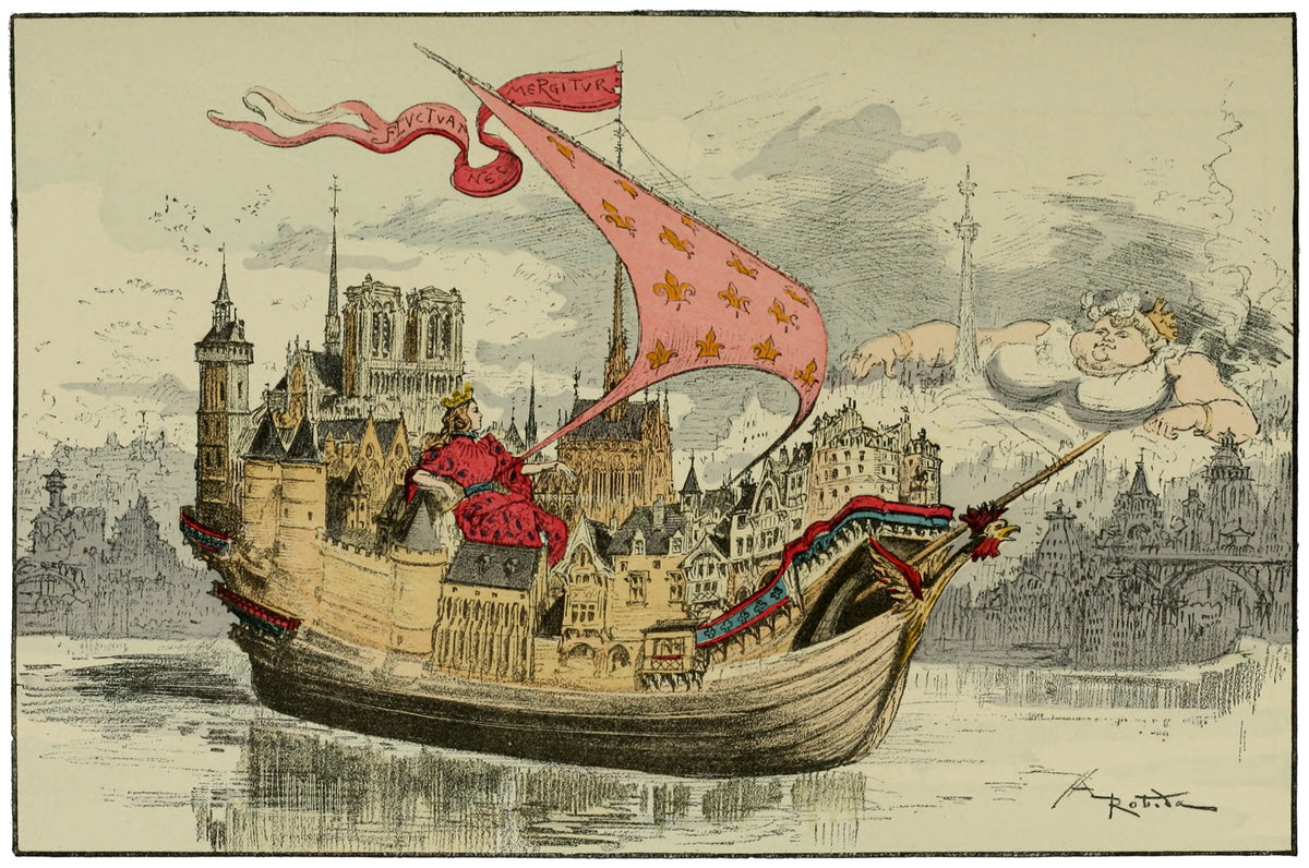 La vieille Lutèce et la nouvelle by Albert Robida — Old Paris sails off on a galleon as a new city looms in the clouds