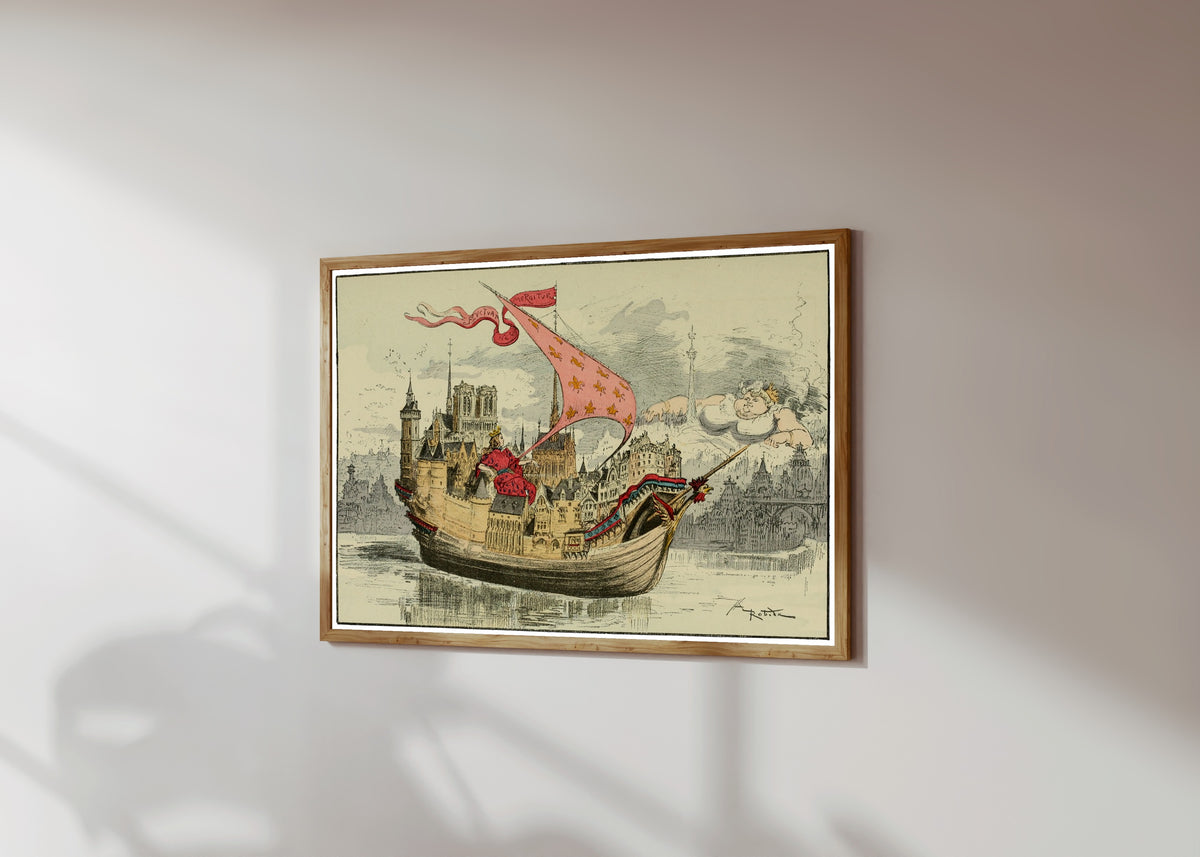 Framed art print of La vieille Lutèce et la nouvelle by Albert Robida, in a light wood frame on a sunlit white wall, seen at a slight angle