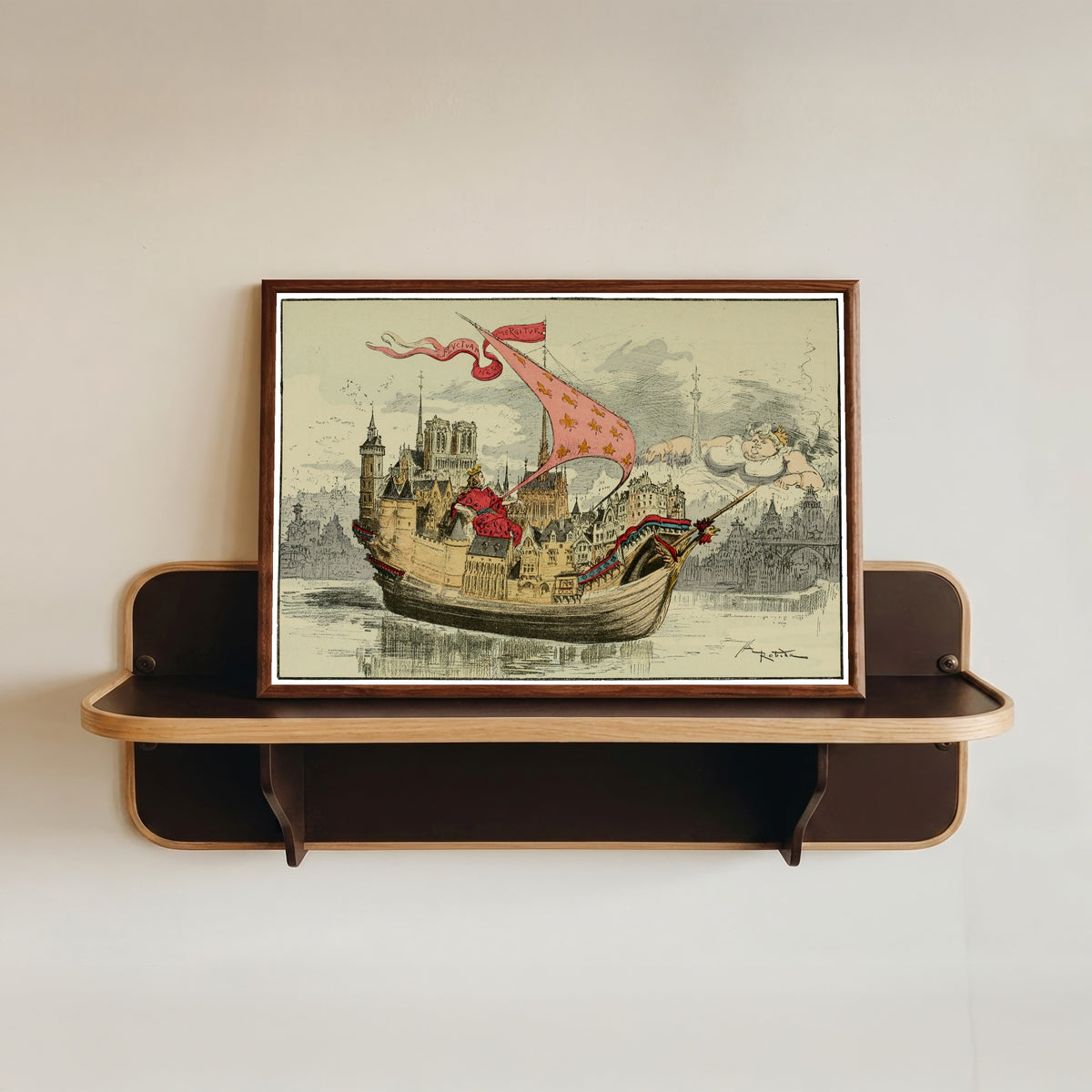 Framed art print of La vieille Lutèce et la nouvelle by Albert Robida, in a dark wood frame resting on a wall shelf