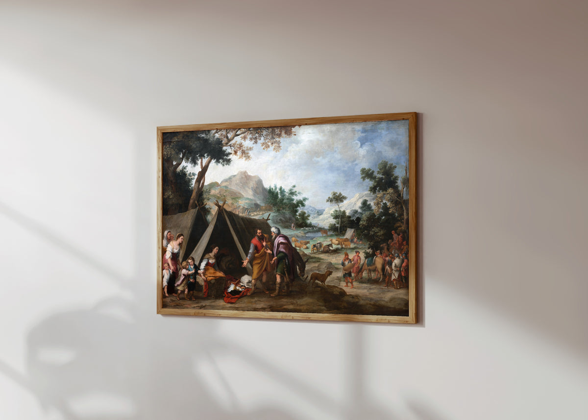 Framed art print of Laban Searching for His Stolen… by Bartolomé Esteban Murillo, in a light wood frame on a sunlit white wall, seen at a slight angle
