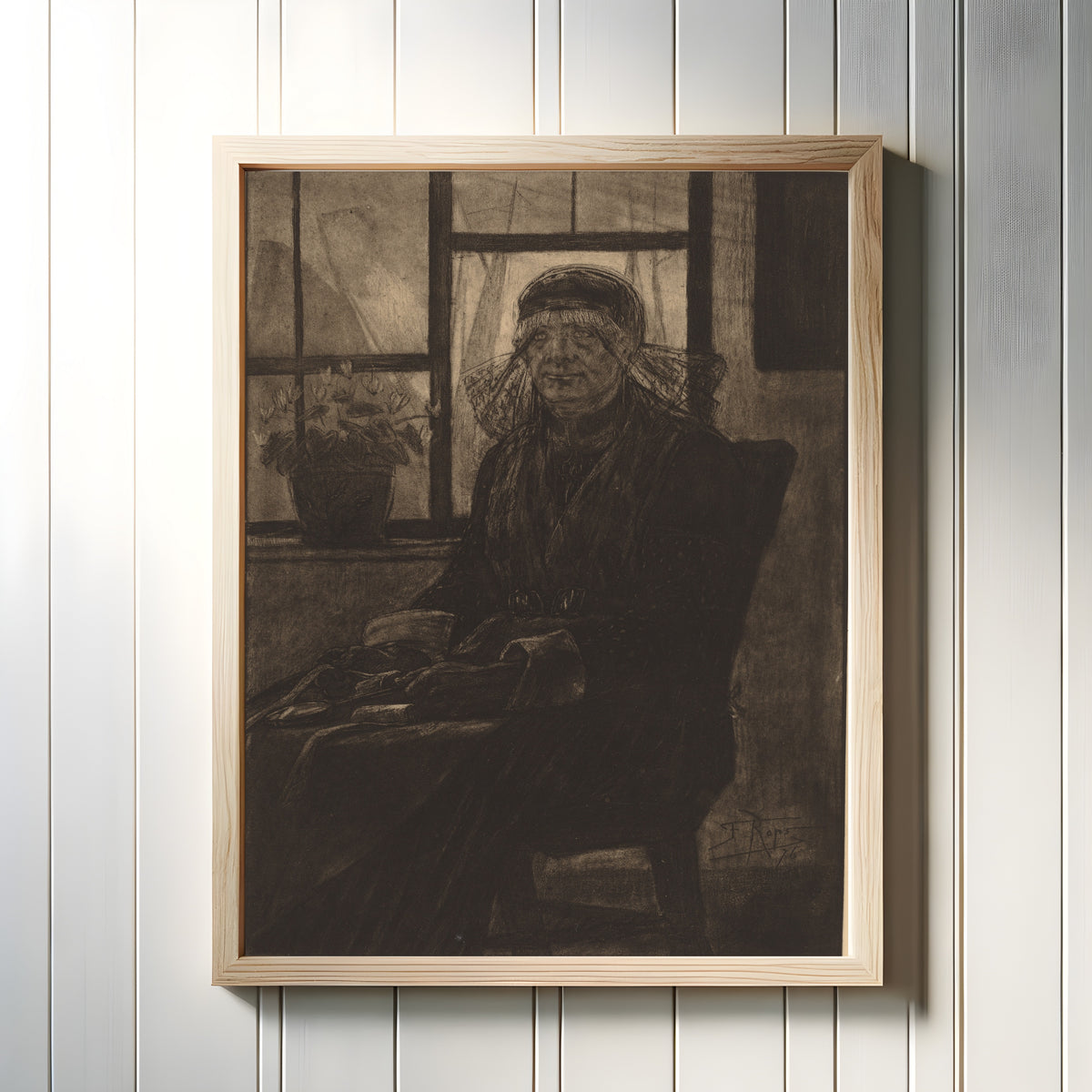 Framed art print of Lace appraiser (L'Experte en Dentelles) by Félicien Rops, in a light wood frame on a white panelled wall
