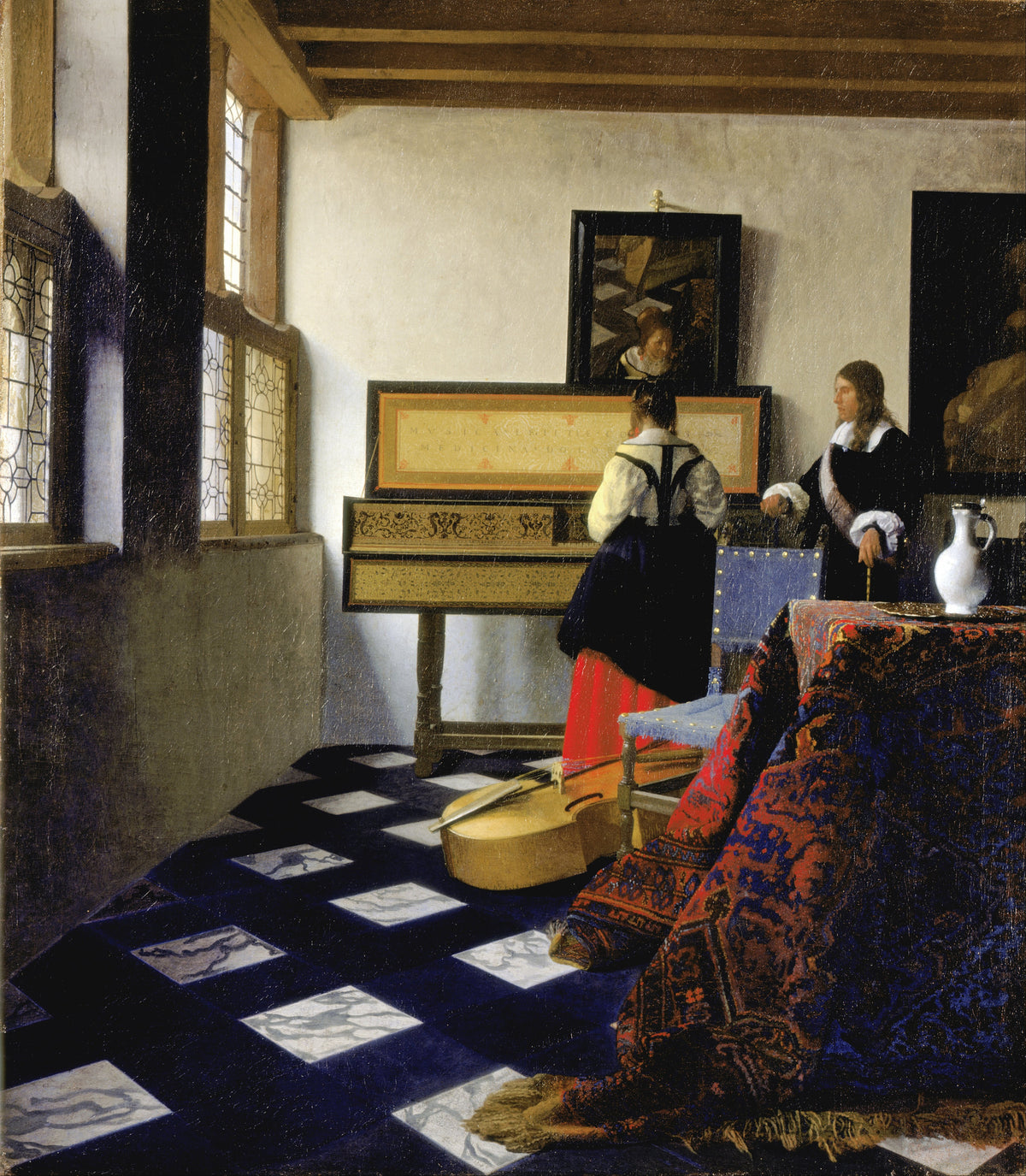 Lady at the Virginal with a Gentleman, ‘The Music Lesson’ by Johannes Vermeer — Light from a leaded window falls on a lesson at the virginal