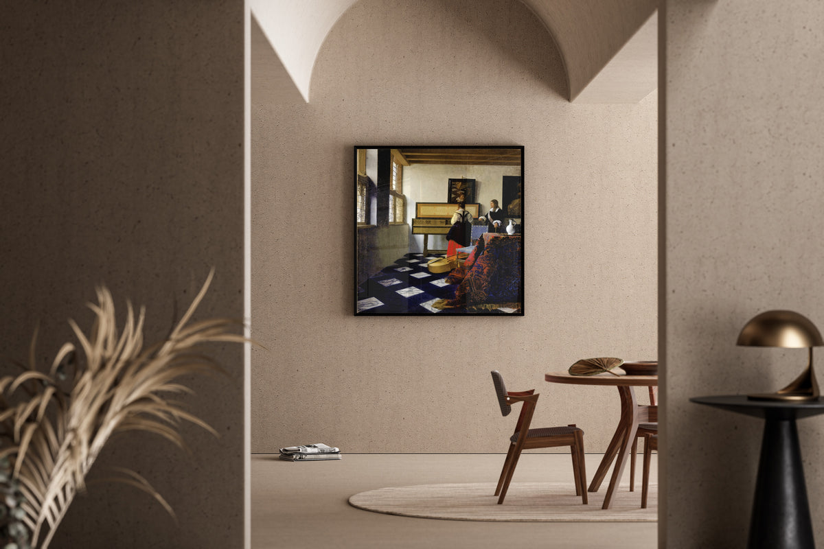 Framed art print of Lady at the Virginal with a Gentleman, ‘The Music Lesson’ by Johannes Vermeer, in a sunlit dining corner