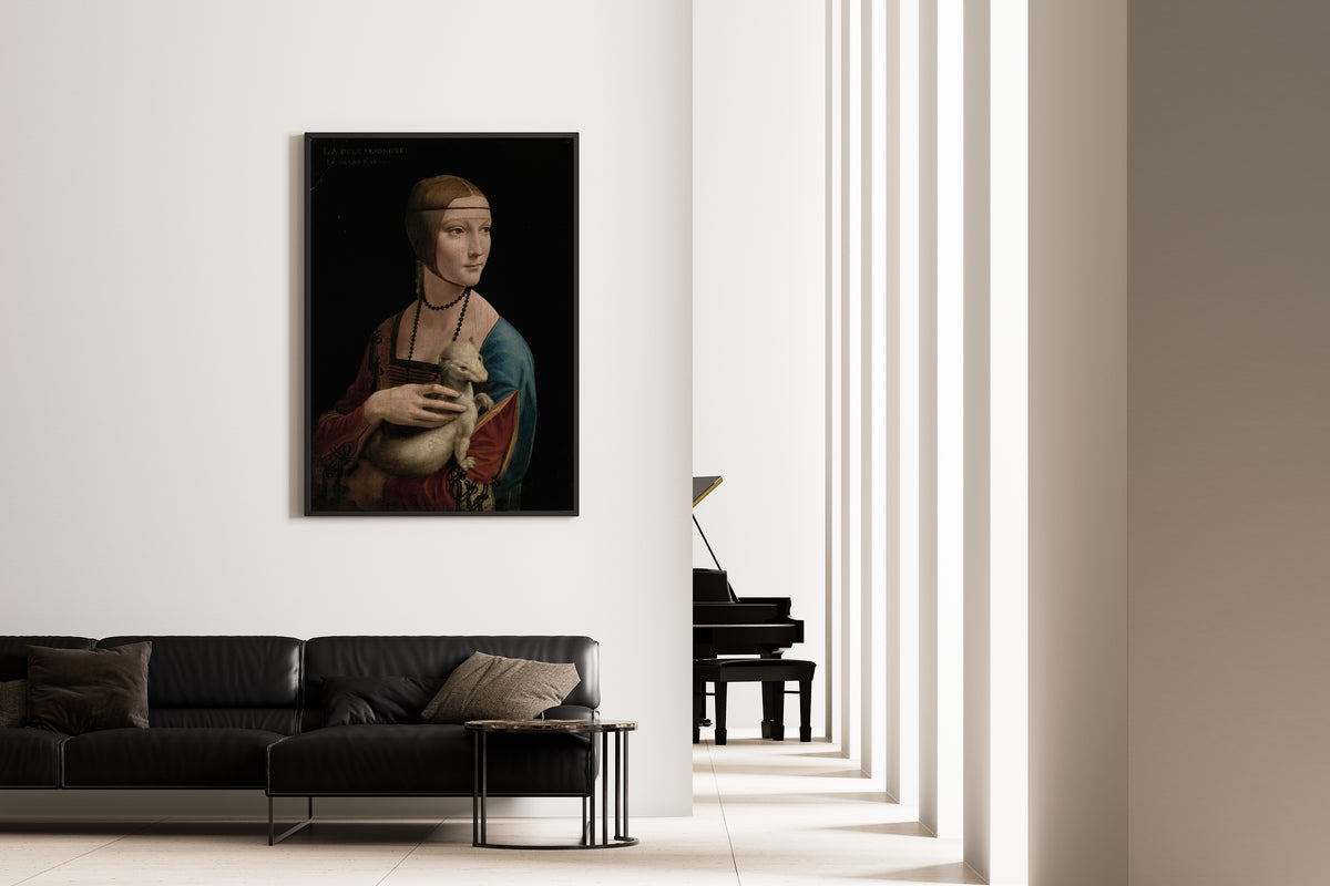 Framed art print of Lady with an Ermine – Portrait of Cecilia Gallerani by Leonardo da Vinci, on the wall of a minimal living room