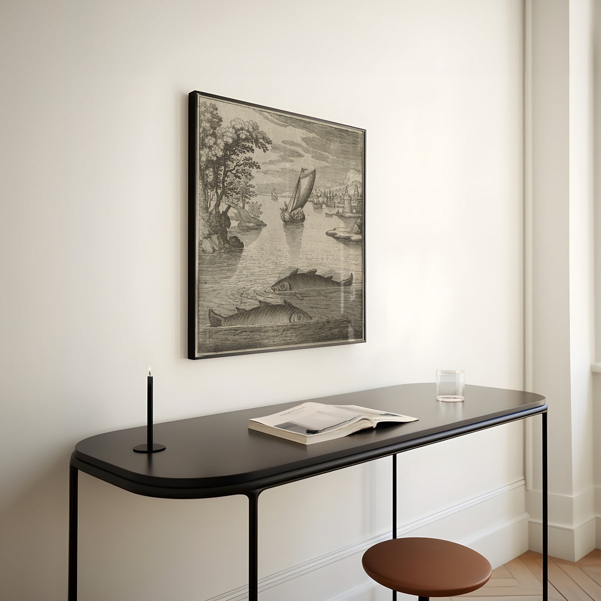 Framed art print of Lambsprinck, De Lapide Philosophico: Figure 1, the Two Fishes in the Sea by Matthäus Merian, above a slim black console table