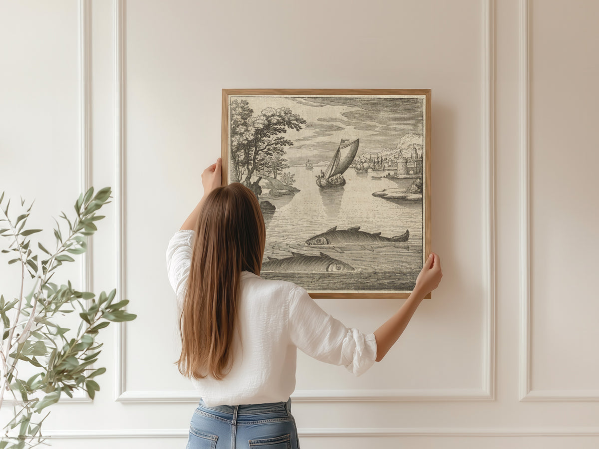 Framed art print of Lambsprinck, De Lapide Philosophico: Figure 1, the Two Fishes in the Sea by Matthäus Merian, hung on a panelled wall