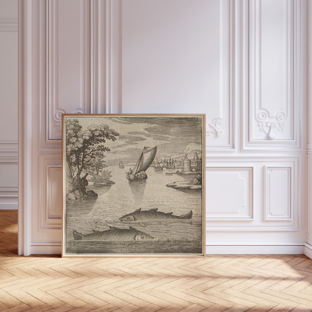Framed art print of Lambsprinck, De Lapide Philosophico: Figure 1, the Two… by Matthäus Merian, leaning against pale pink panelling on a herringbone floor