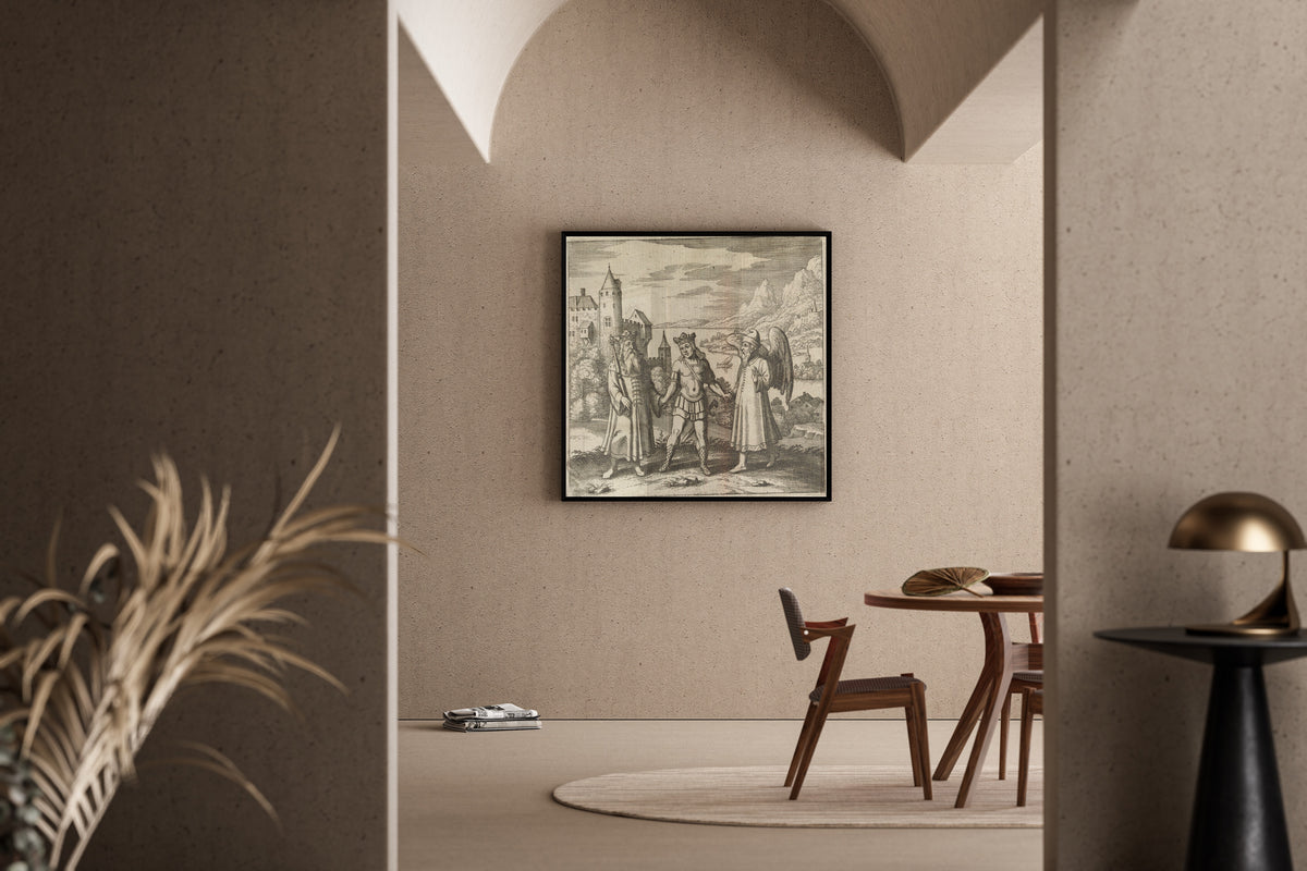 Framed art print of Lambsprinck, De Lapide Philosophico: Figure 11, the Three Figures Hand in Hand by Matthäus Merian, in a sunlit dining corner