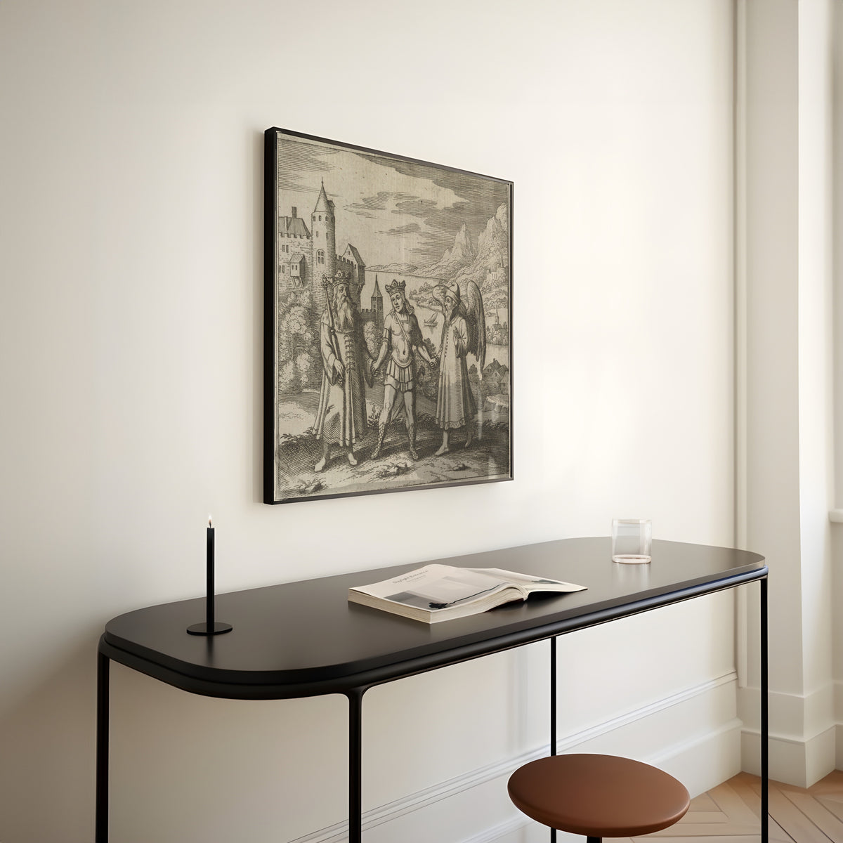 Framed art print of Lambsprinck, De Lapide Philosophico: Figure 11, the Three Figures Hand in Hand by Matthäus Merian, above a slim black console table