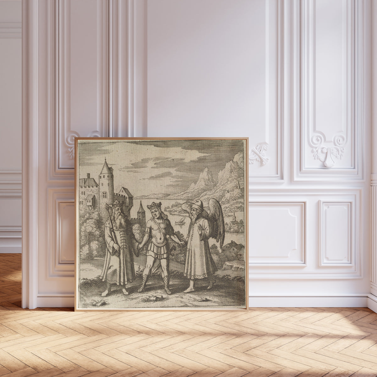 Framed art print of Lambsprinck, De Lapide Philosophico: Figure 11, the Three… by Matthäus Merian, leaning against pale pink panelling on a herringbone floor