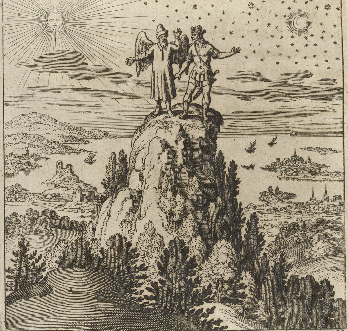 Lambsprinck, De Lapide Philosophico: Figure 12, the Mountain of India by Matthäus Merian — A winged guide and a young man survey the land from a high peak