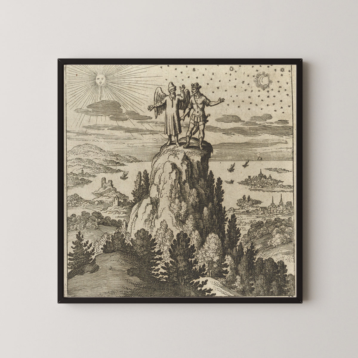 Framed art print of Lambsprinck, De Lapide Philosophico: Figure 12, the Mountain of India by Matthäus Merian, in a black frame on a pale wall