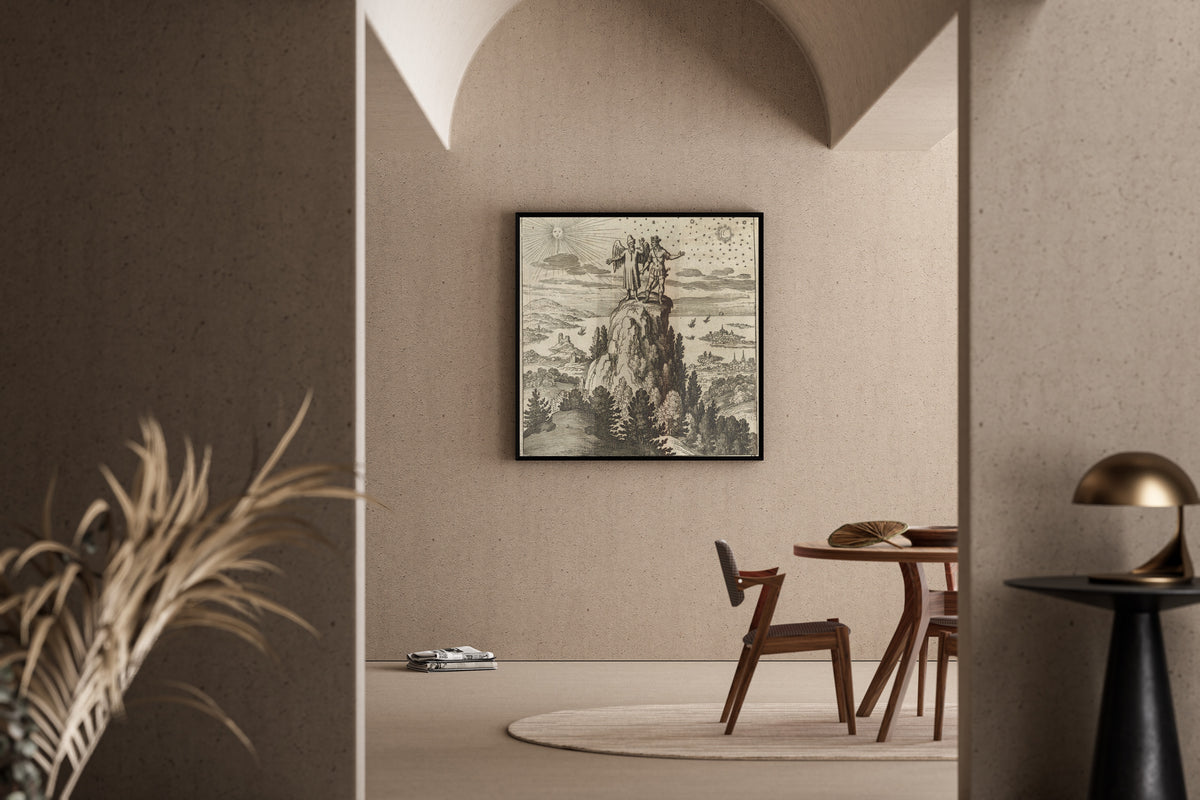 Framed art print of Lambsprinck, De Lapide Philosophico: Figure 12, the Mountain of India by Matthäus Merian, in a sunlit dining corner