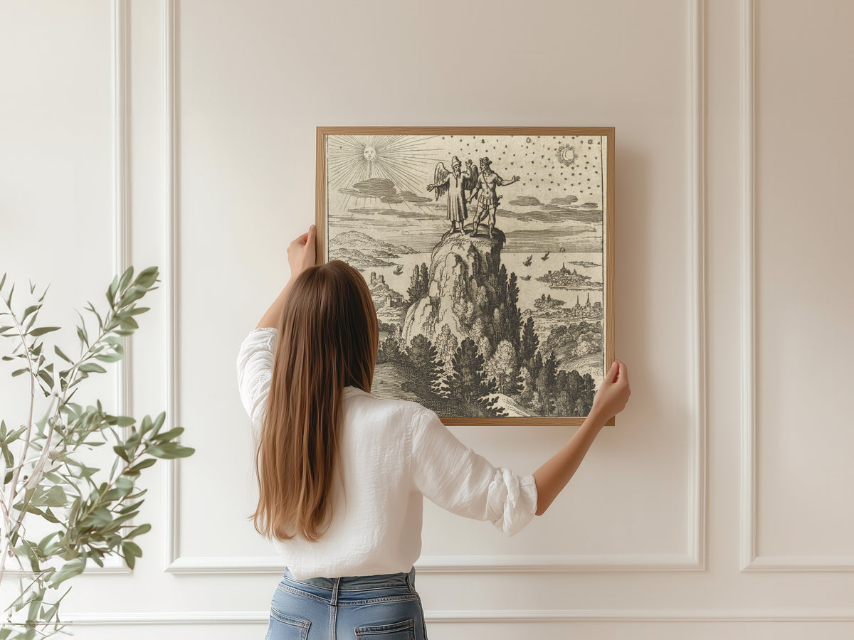 Framed art print of Lambsprinck, De Lapide Philosophico: Figure 12, the Mountain of India by Matthäus Merian, hung on a panelled wall