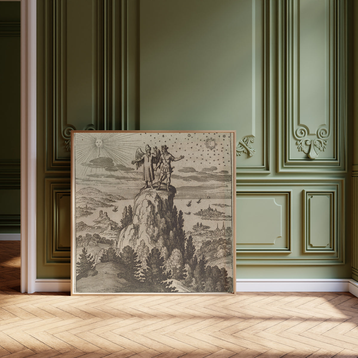 Framed art print of Lambsprinck, De Lapide Philosophico: Figure 12, the… by Matthäus Merian, leaning against olive-green panelling on a herringbone floor