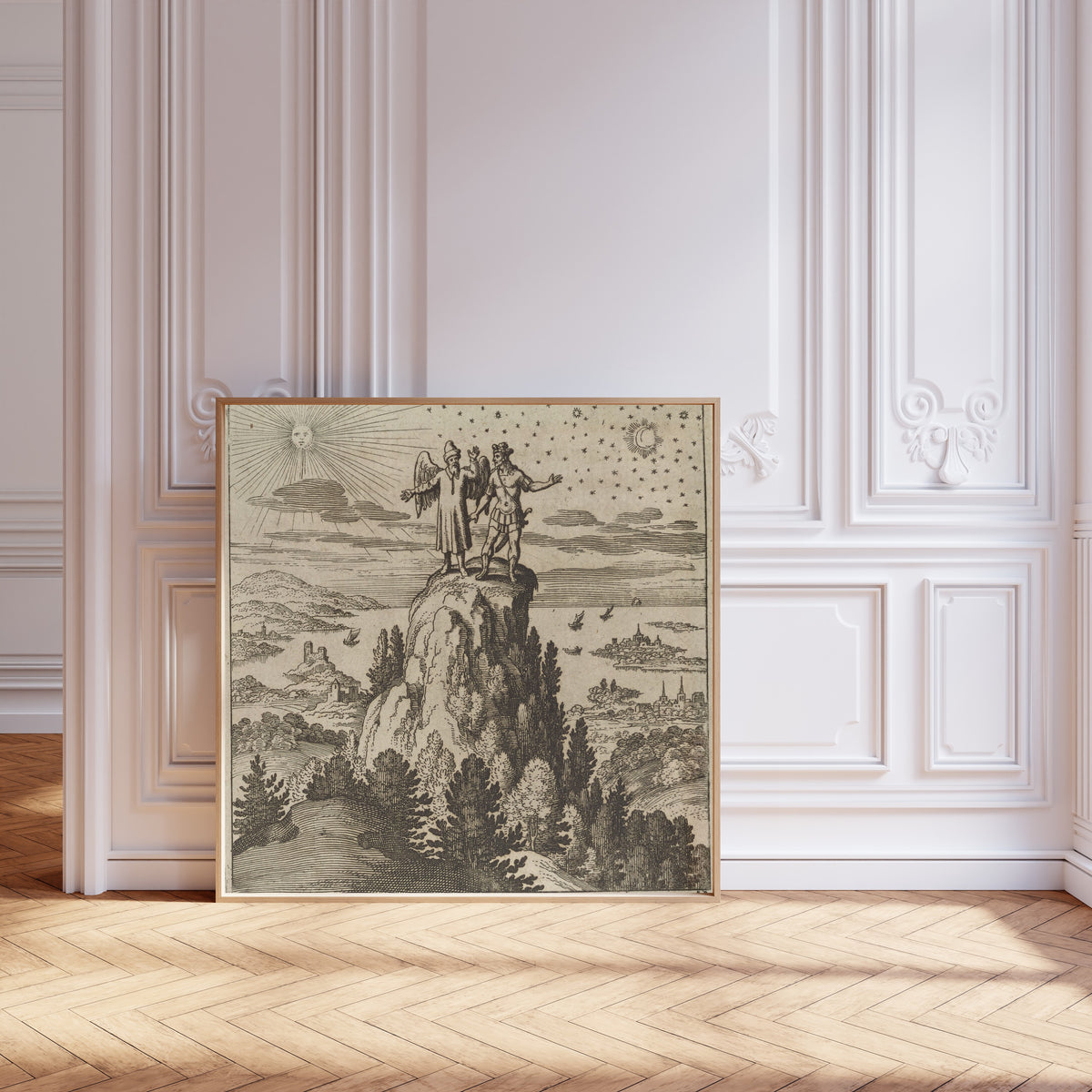 Framed art print of Lambsprinck, De Lapide Philosophico: Figure 12, the… by Matthäus Merian, leaning against pale pink panelling on a herringbone floor