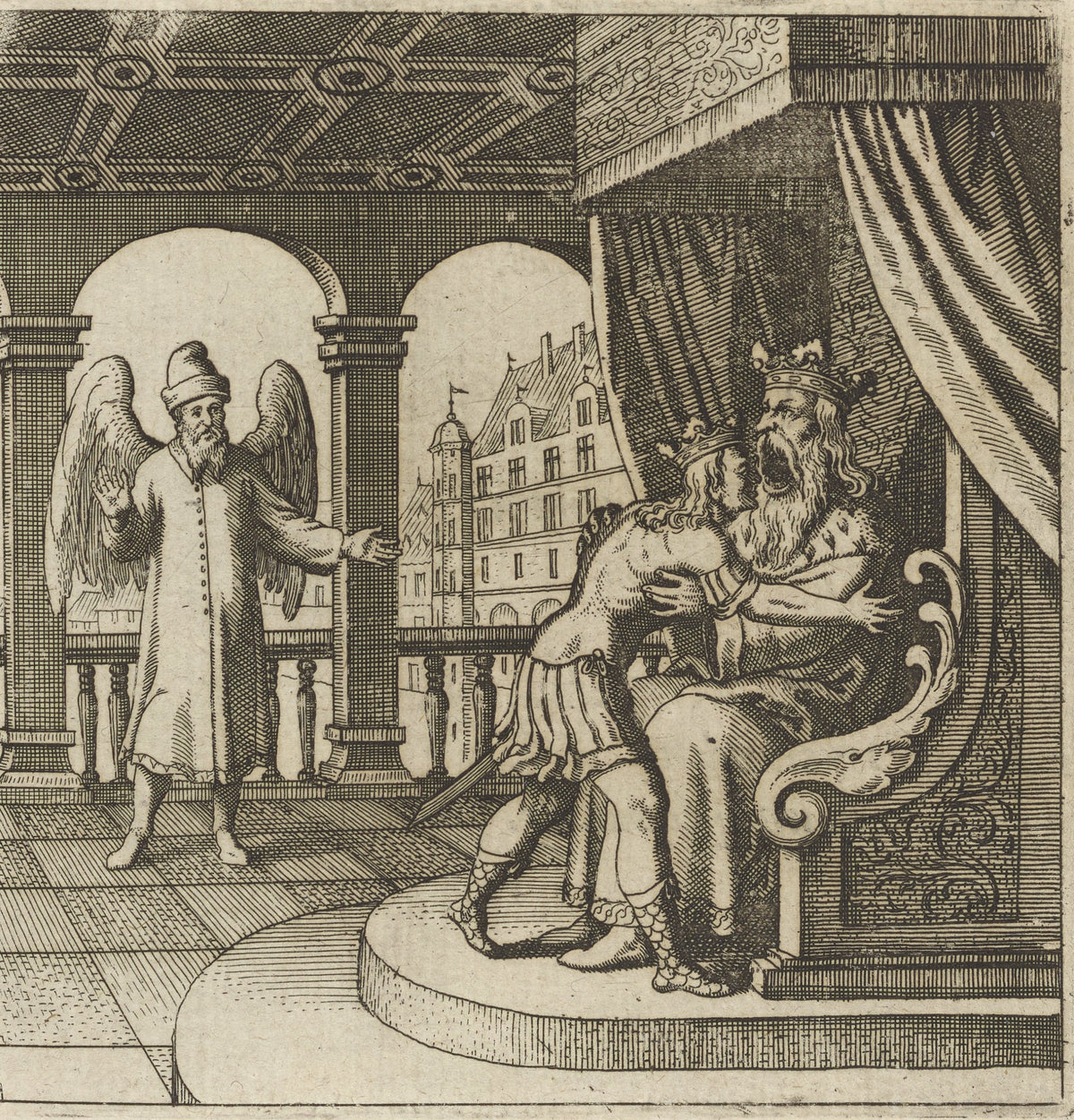 Lambsprinck, De Lapide Philosophico: Figure 13, the Father and the Son by Matthäus Merian — An old king opens his mouth wide as a crowned youth embraces him