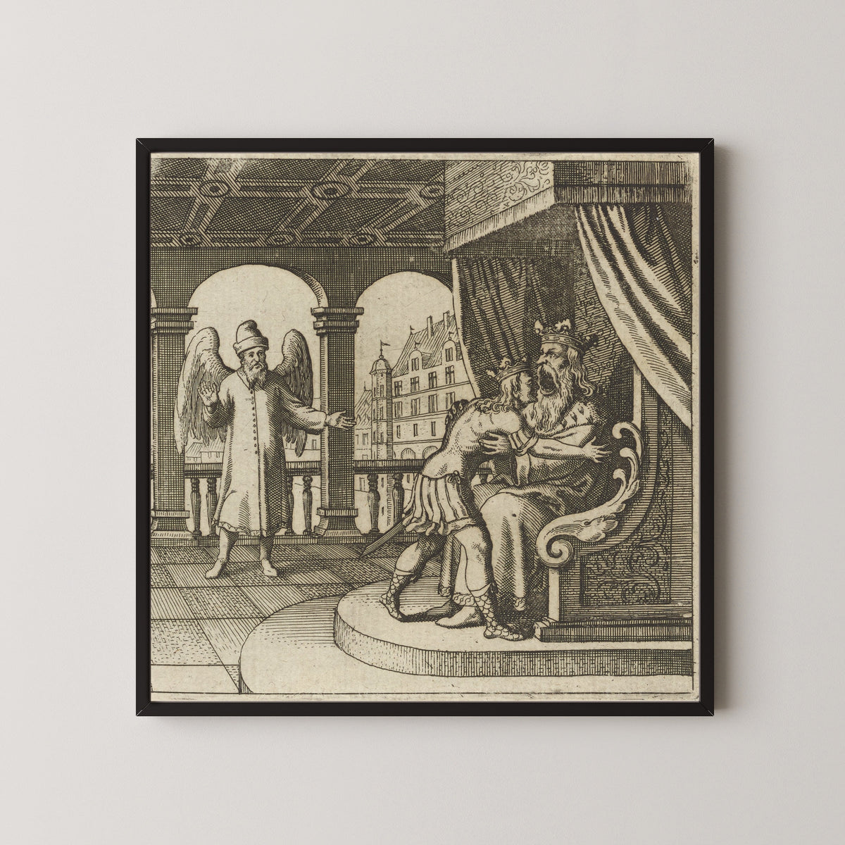 Framed art print of Lambsprinck, De Lapide Philosophico: Figure 13, the Father and the Son by Matthäus Merian, in a black frame on a pale wall