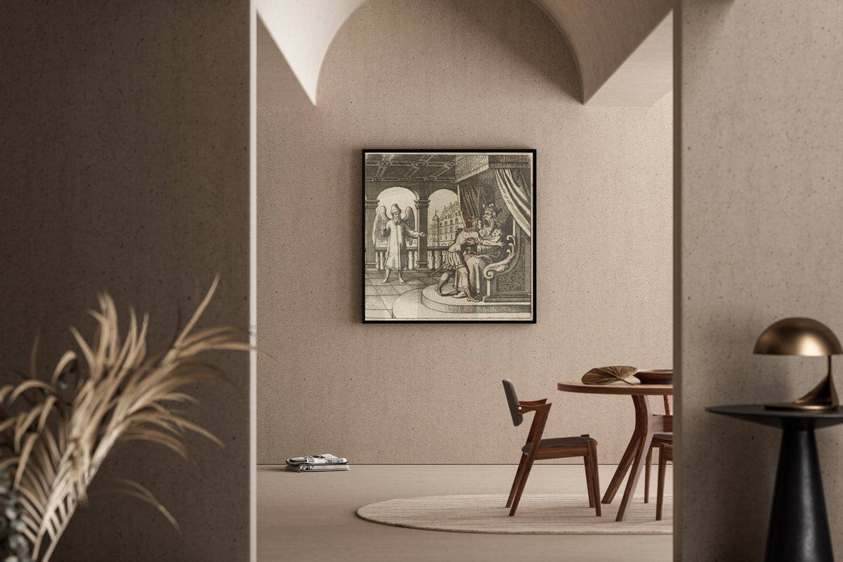 Framed art print of Lambsprinck, De Lapide Philosophico: Figure 13, the Father and the Son by Matthäus Merian, in a sunlit dining corner