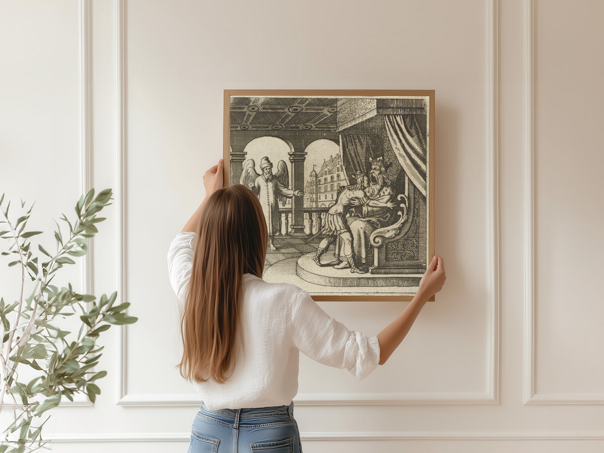 Framed art print of Lambsprinck, De Lapide Philosophico: Figure 13, the Father and the Son by Matthäus Merian, hung on a panelled wall