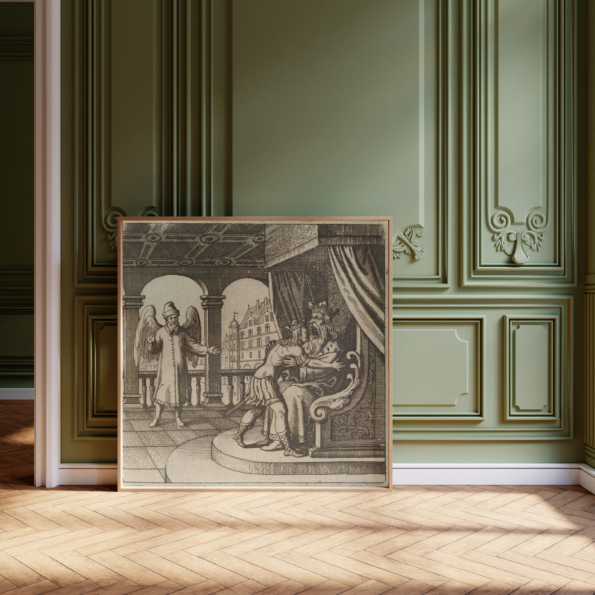 Framed art print of Lambsprinck, De Lapide Philosophico: Figure 13, the… by Matthäus Merian, leaning against olive-green panelling on a herringbone floor