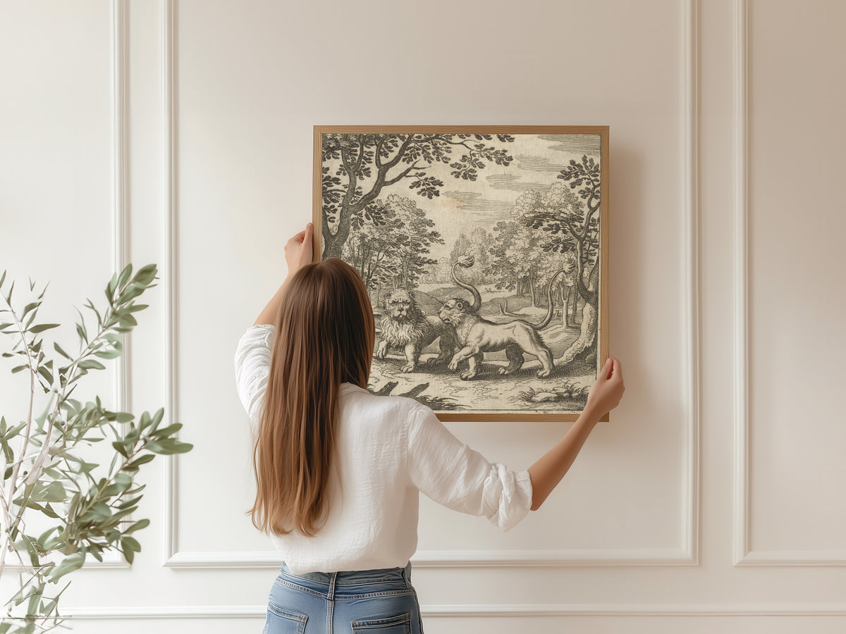 Framed art print of Lambsprinck, De Lapide Philosophico: Figure 4, the Lion and the Lioness by Matthäus Merian, hung on a panelled wall