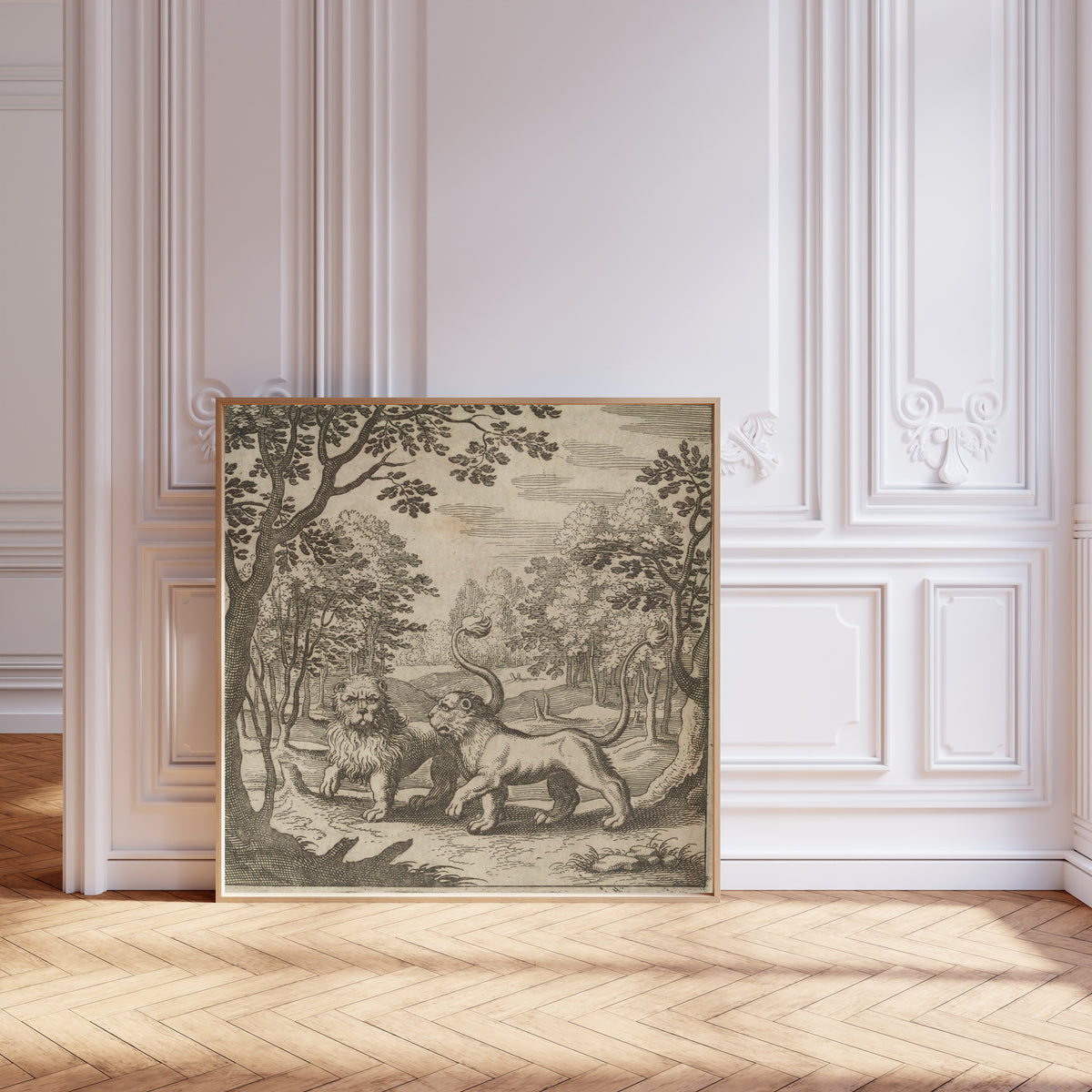 Framed art print of Lambsprinck, De Lapide Philosophico: Figure 4, the Lion and… by Matthäus Merian, leaning against pale pink panelling on a herringbone floor