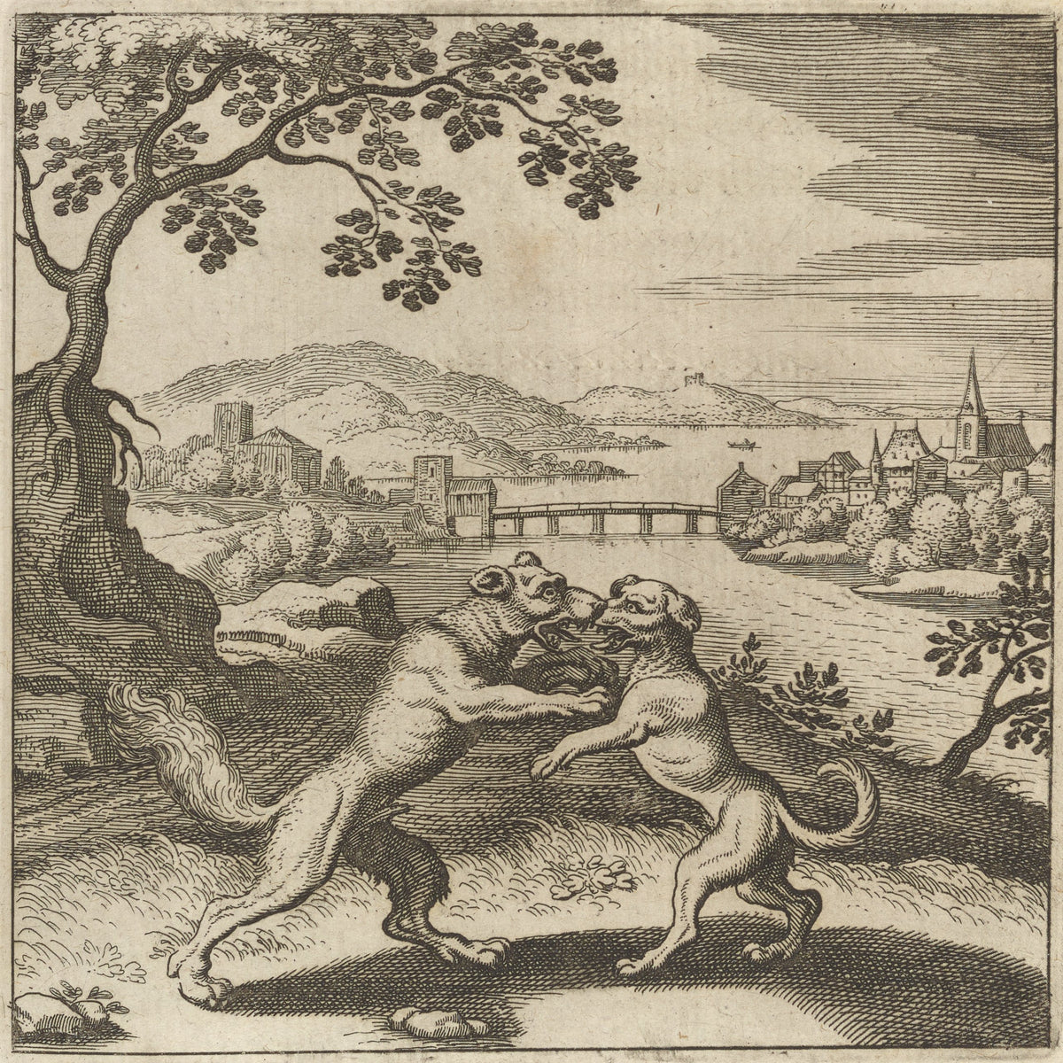 Lambsprinck, De Lapide Philosophico: Figure 5, the Wolf and the Dog by Matthäus Merian — A wolf and a dog rear up and grapple jaw to jaw by a river