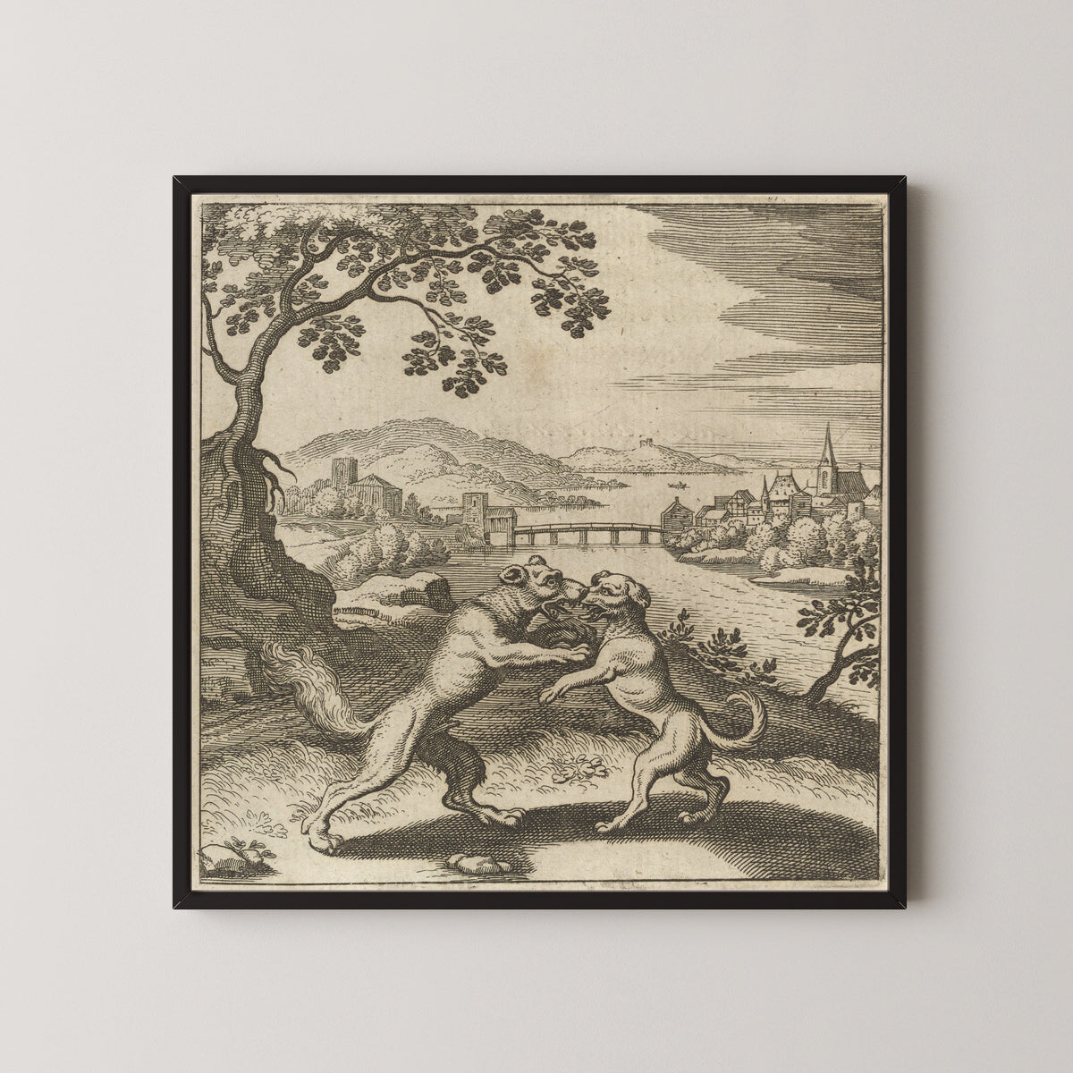 Framed art print of Lambsprinck, De Lapide Philosophico: Figure 5, the Wolf and the Dog by Matthäus Merian, in a black frame on a pale wall