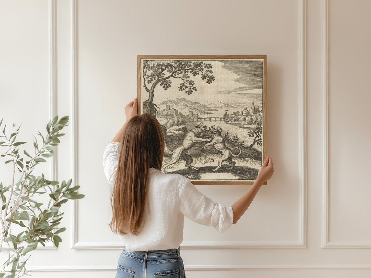 Framed art print of Lambsprinck, De Lapide Philosophico: Figure 5, the Wolf and the Dog by Matthäus Merian, hung on a panelled wall