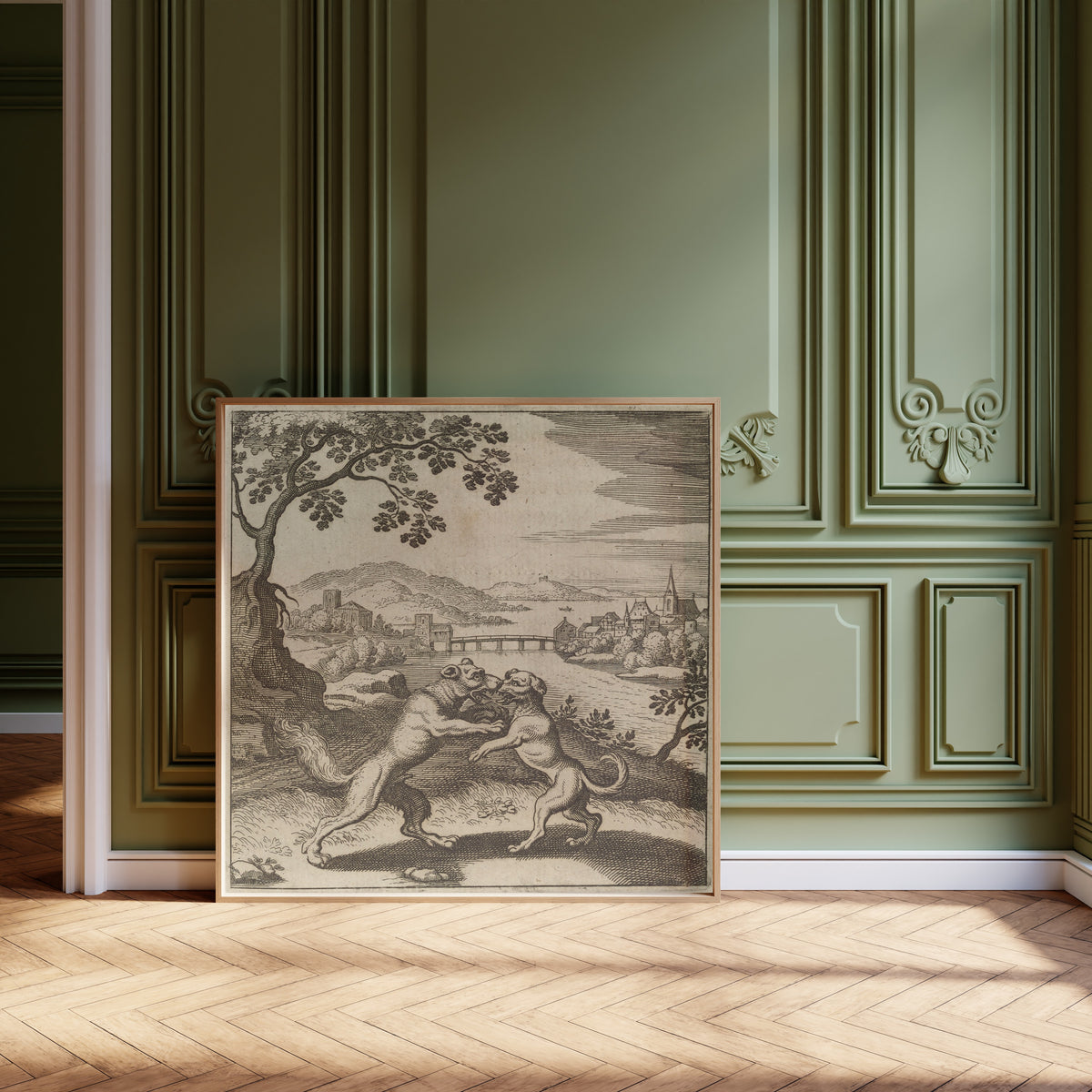 Framed art print of Lambsprinck, De Lapide Philosophico: Figure 5, the Wolf… by Matthäus Merian, leaning against olive-green panelling on a herringbone floor