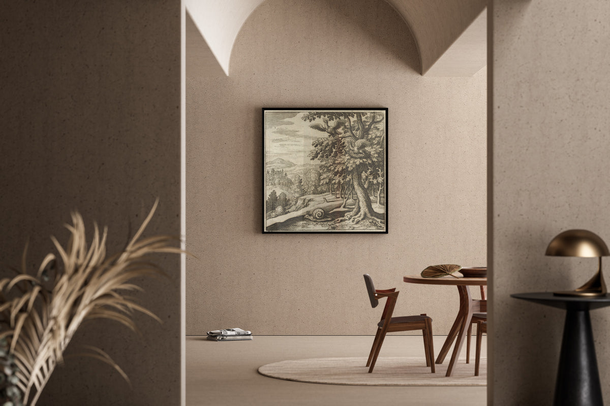 Framed art print of Lambsprinck, De Lapide Philosophico: Figure 7, the Birds in the Tree and the Snail by Matthäus Merian, in a sunlit dining corner