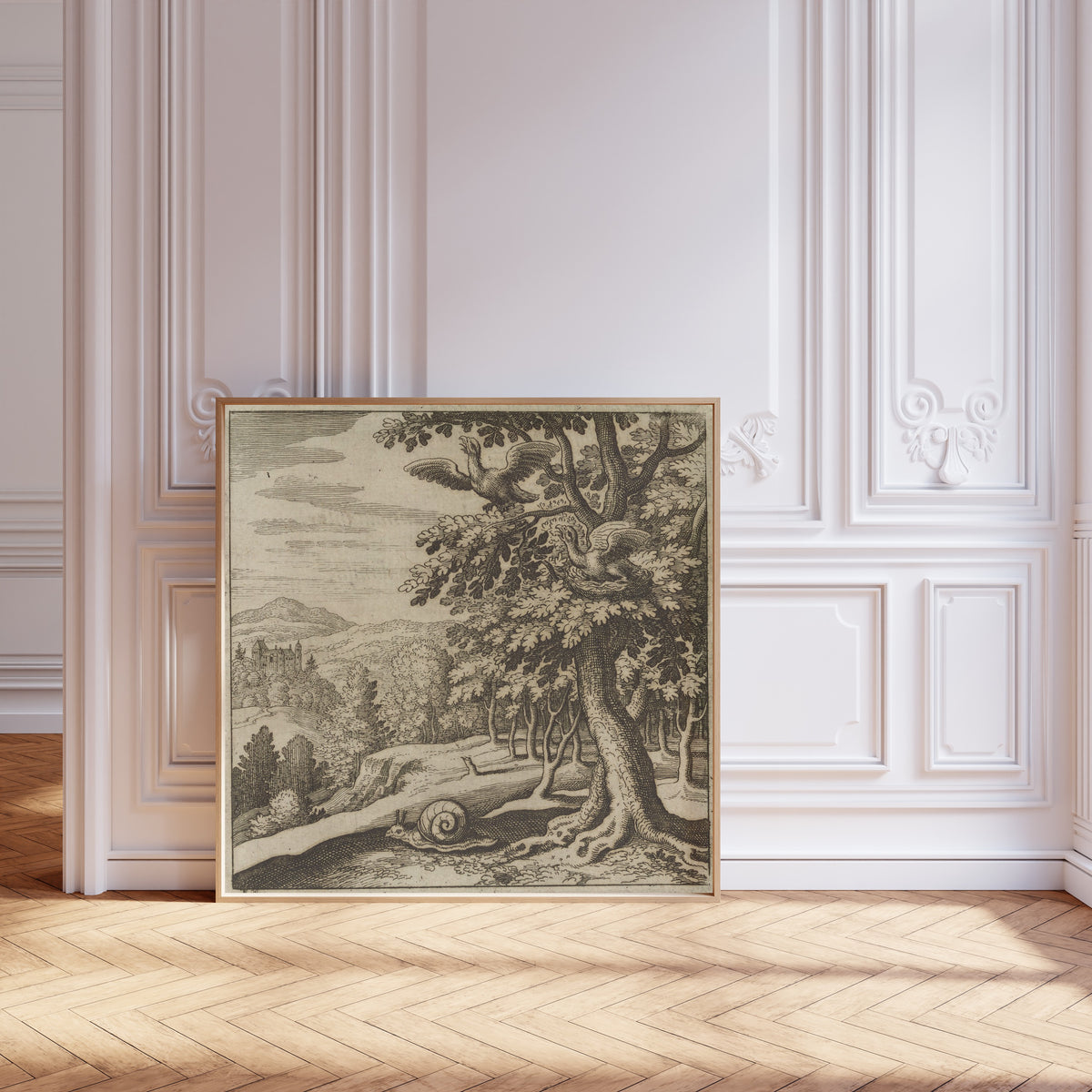 Framed art print of Lambsprinck, De Lapide Philosophico: Figure 7, the Birds in… by Matthäus Merian, leaning against pale pink panelling on a herringbone floor