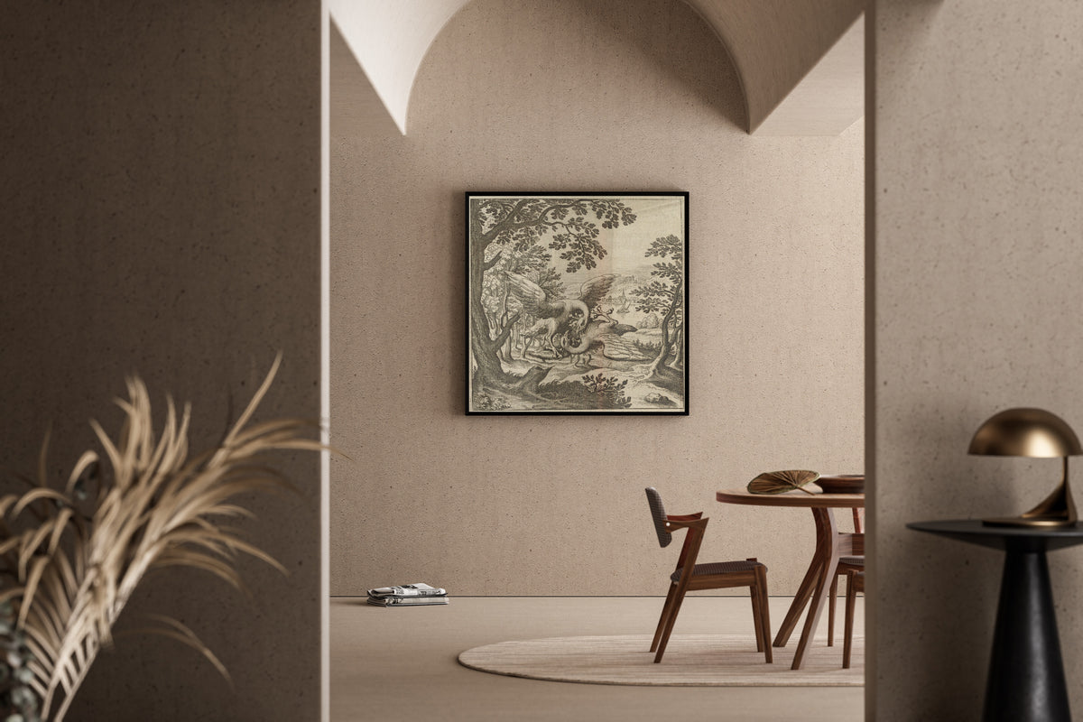 Framed art print of Lambsprinck, De Lapide Philosophico: Figure 8, the Two Birds in Combat by Matthäus Merian, in a sunlit dining corner