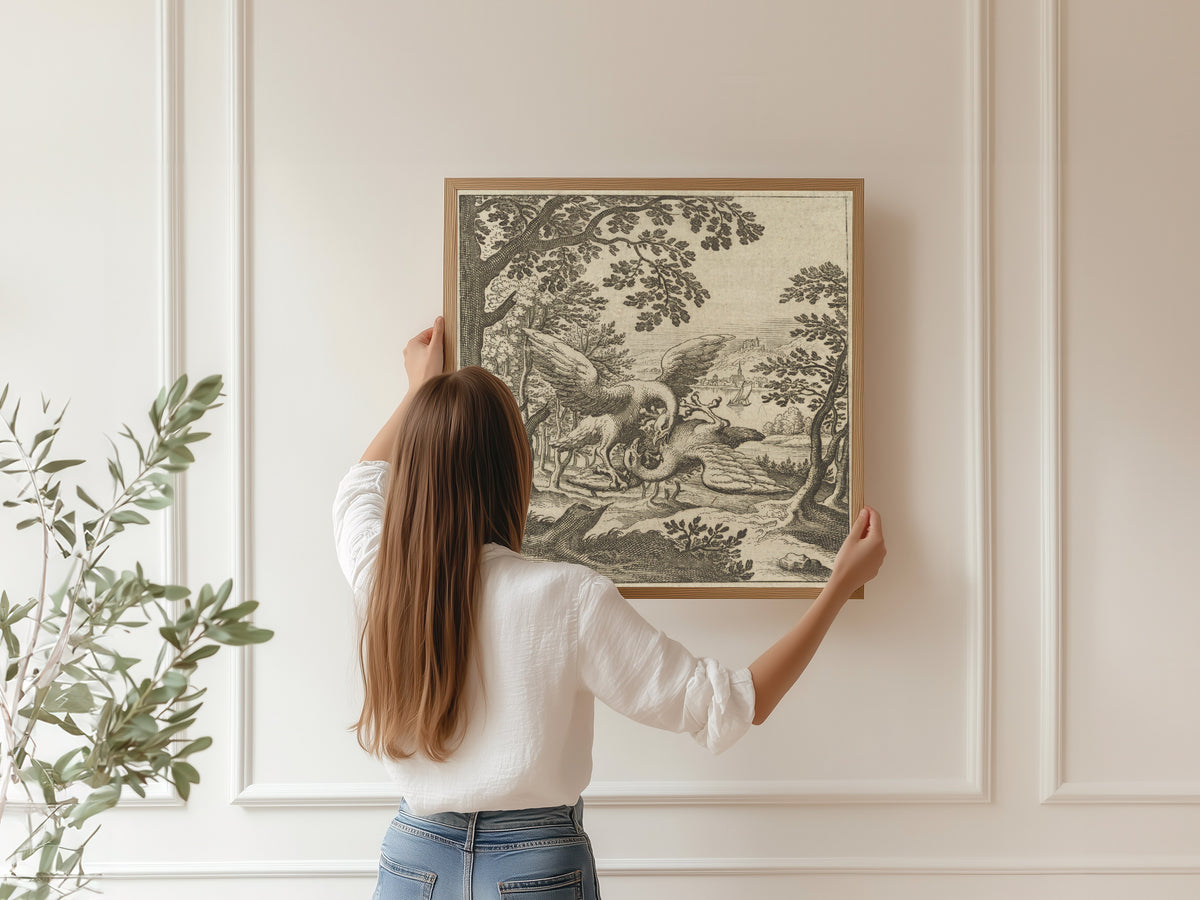 Framed art print of Lambsprinck, De Lapide Philosophico: Figure 8, the Two Birds in Combat by Matthäus Merian, hung on a panelled wall