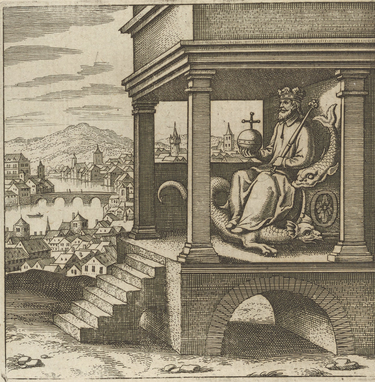 Lambsprinck, De Lapide Philosophico: Figure 9, the King Enthroned by Matthäus Merian — A crowned king sits with orb and sceptre above a riverside town