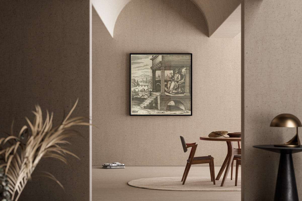 Framed art print of Lambsprinck, De Lapide Philosophico: Figure 9, the King Enthroned by Matthäus Merian, in a sunlit dining corner