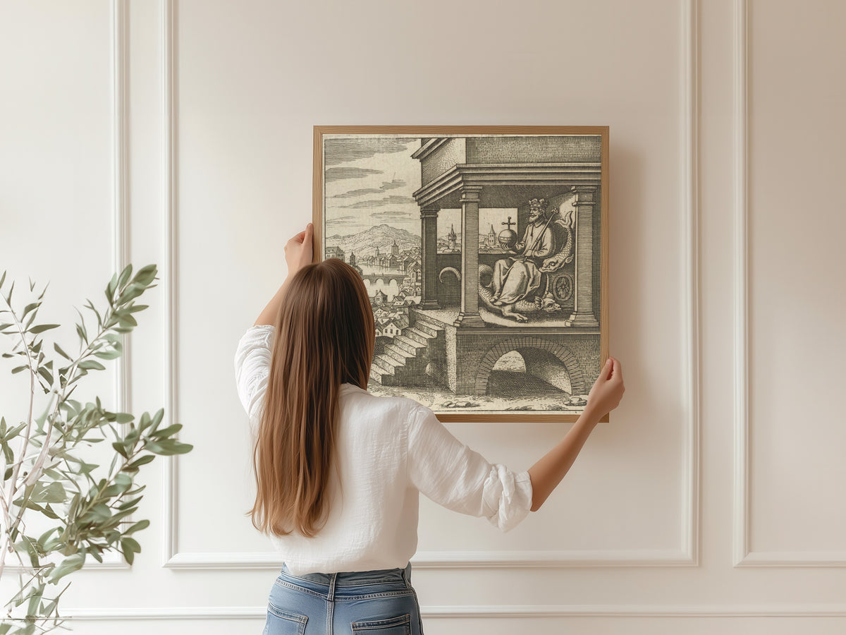 Framed art print of Lambsprinck, De Lapide Philosophico: Figure 9, the King Enthroned by Matthäus Merian, hung on a panelled wall