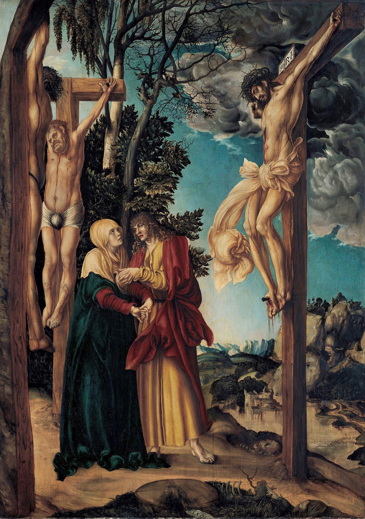 Lamentation under the Cross by Lucas Cranach the Elder — A woman in green and a young man in red grieve beneath the crosses