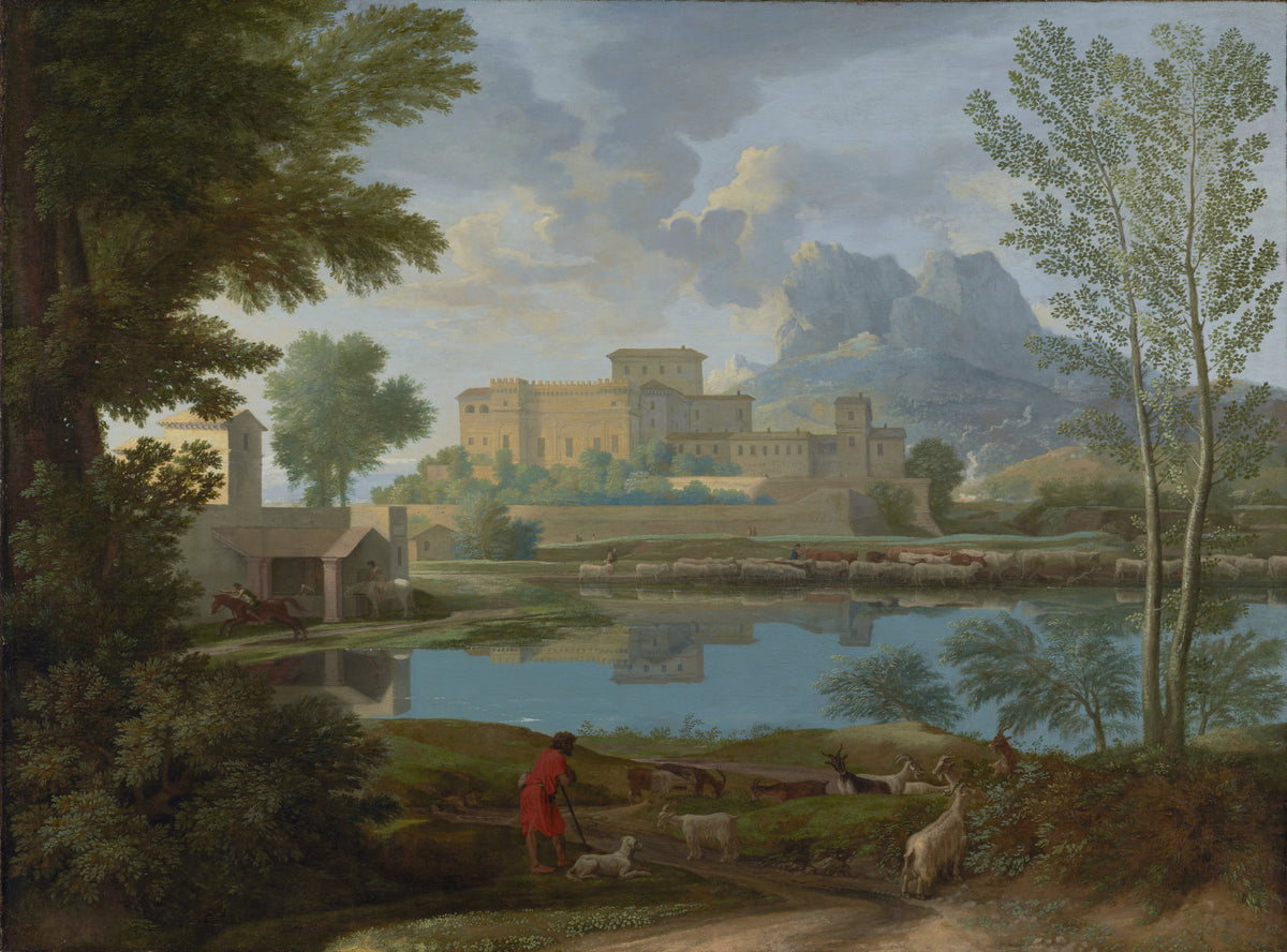 Landscape with a Calm by Nicolas Poussin — A still lake, a golden villa and a shepherd in red among goats