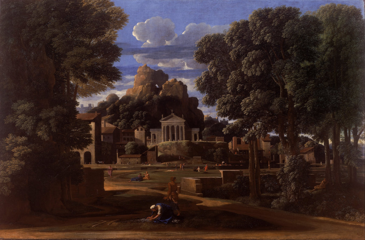 Landscape with the Ashes of Phocion by Nicolas Poussin — A woman stoops by a road before a temple among tall trees
