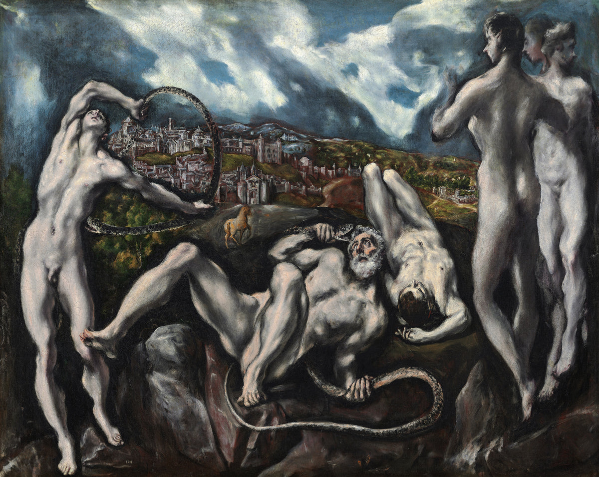 Laocoön by El Greco — Pale figures twist in the coils of serpents before a stormy city