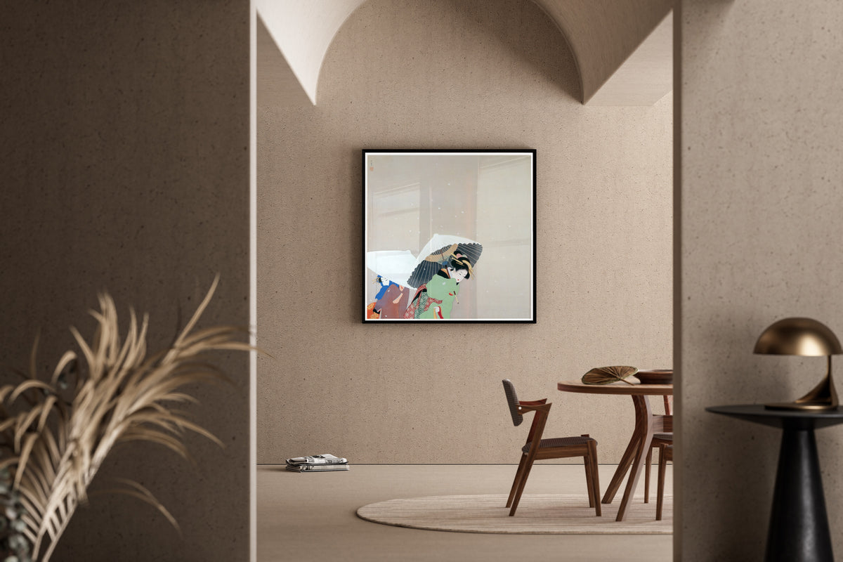 Large Snowflakes by Uemura Shōen — shown framed on a wall
