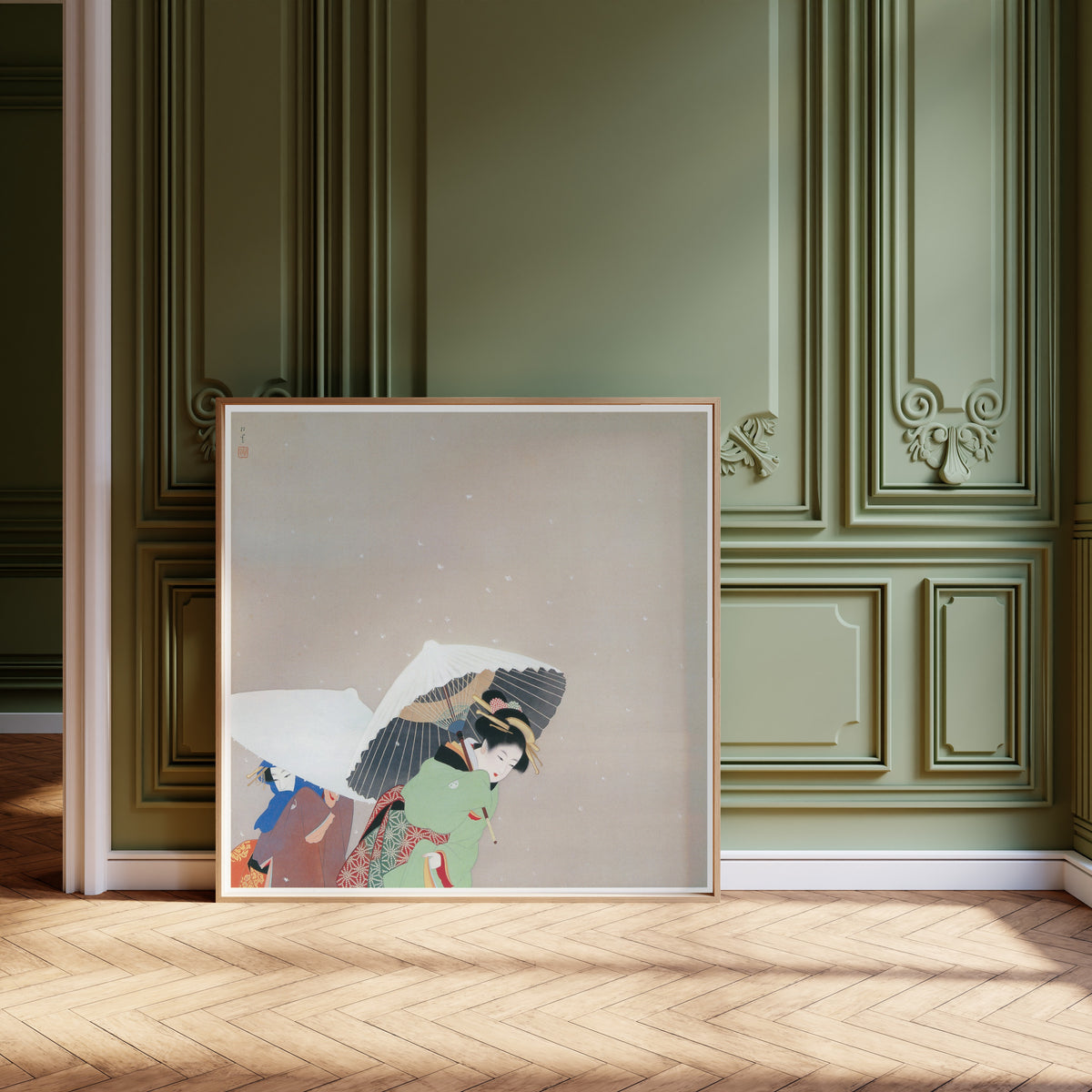 Large Snowflakes by Uemura Shōen — shown framed on a wall