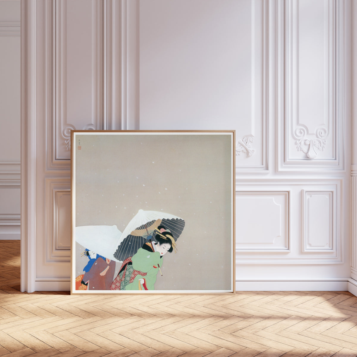 Large Snowflakes by Uemura Shōen — shown framed on a wall