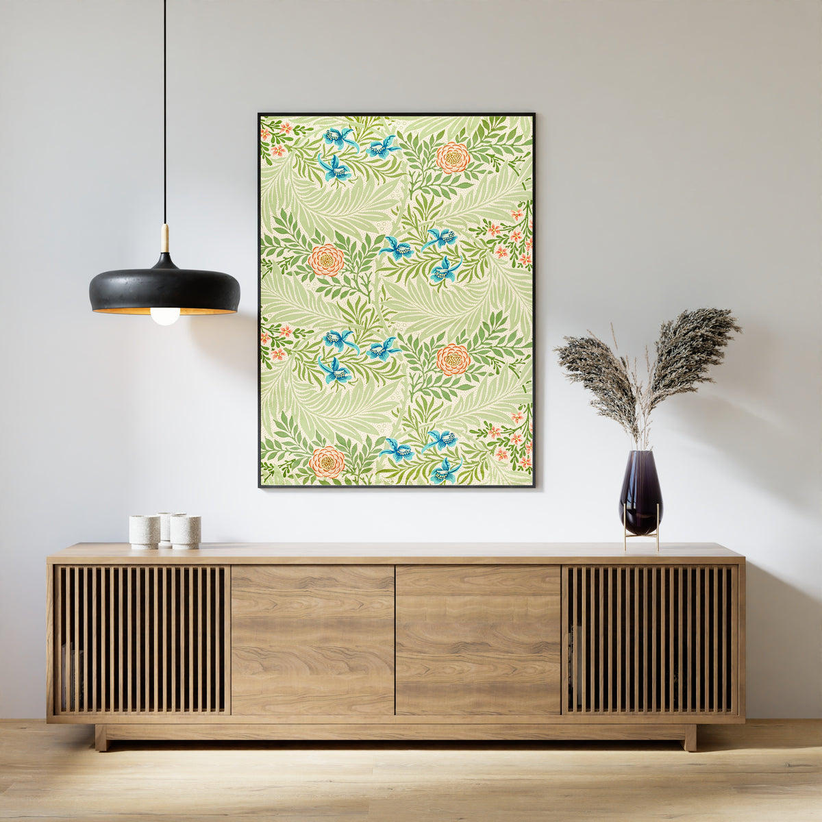 Framed art print of Larkspur by William Morris, above a slatted wood sideboard