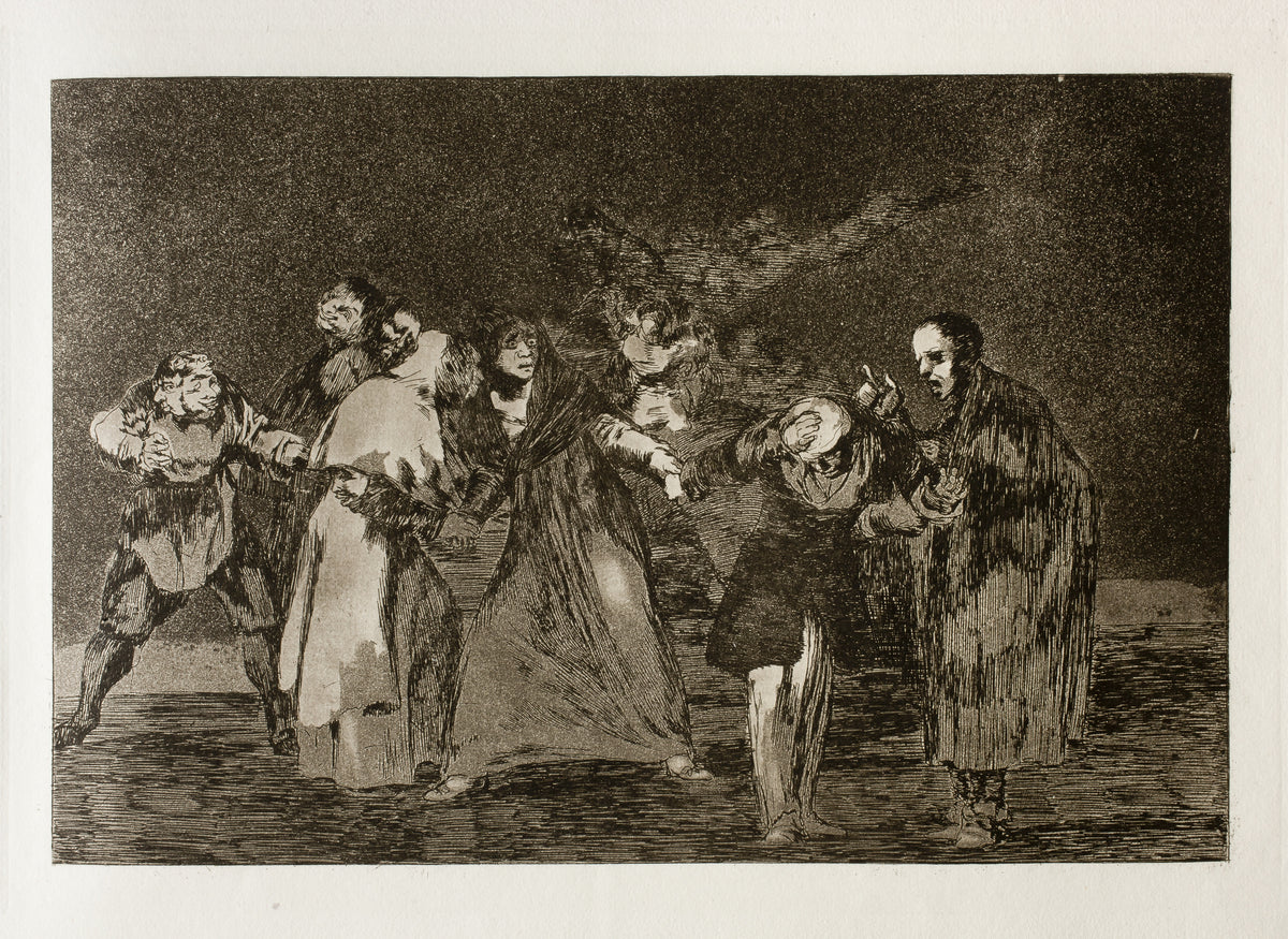 Las exhortaciones (The Exhortations), from Los Disparates by Francisco de Goya — A gaunt man lectures a bowed figure while a crowd drags at them