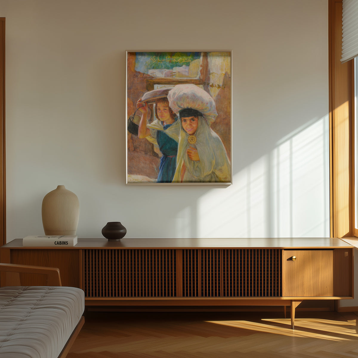 Framed art print of Laveuses by Étienne Dinet, in a thin light frame on a sunlit wall above a wooden sideboard