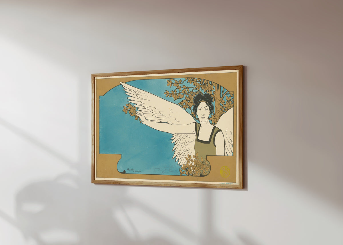 Framed art print of Le Guide Musical: Revue de la Musique et des Théâtres by Henri Meunier, in a light wood frame on a sunlit white wall, seen at a slight angle