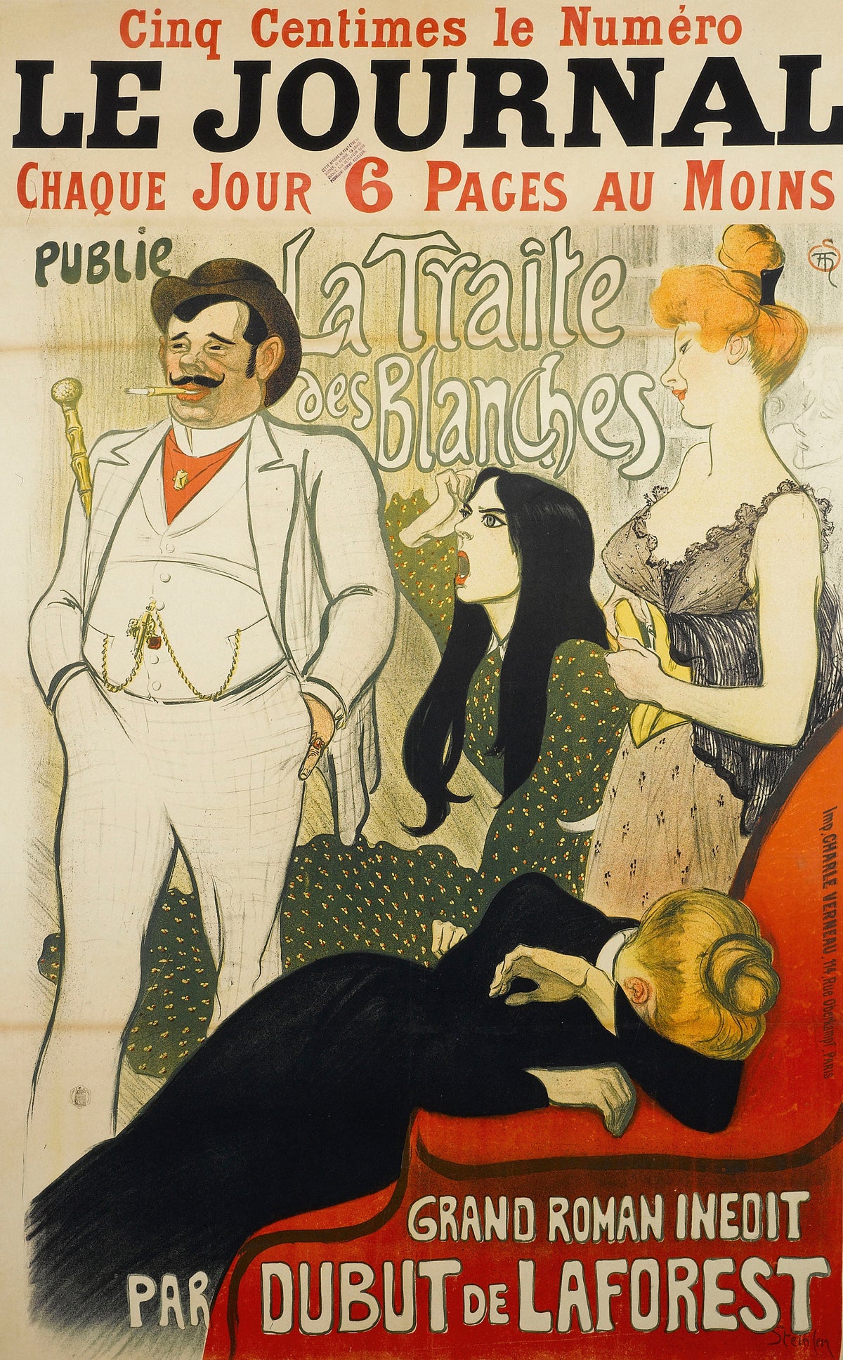 Le Journal: La Traite des Blanches by Théophile Steinlen — A grinning man in white stands over three women in a tense parlour